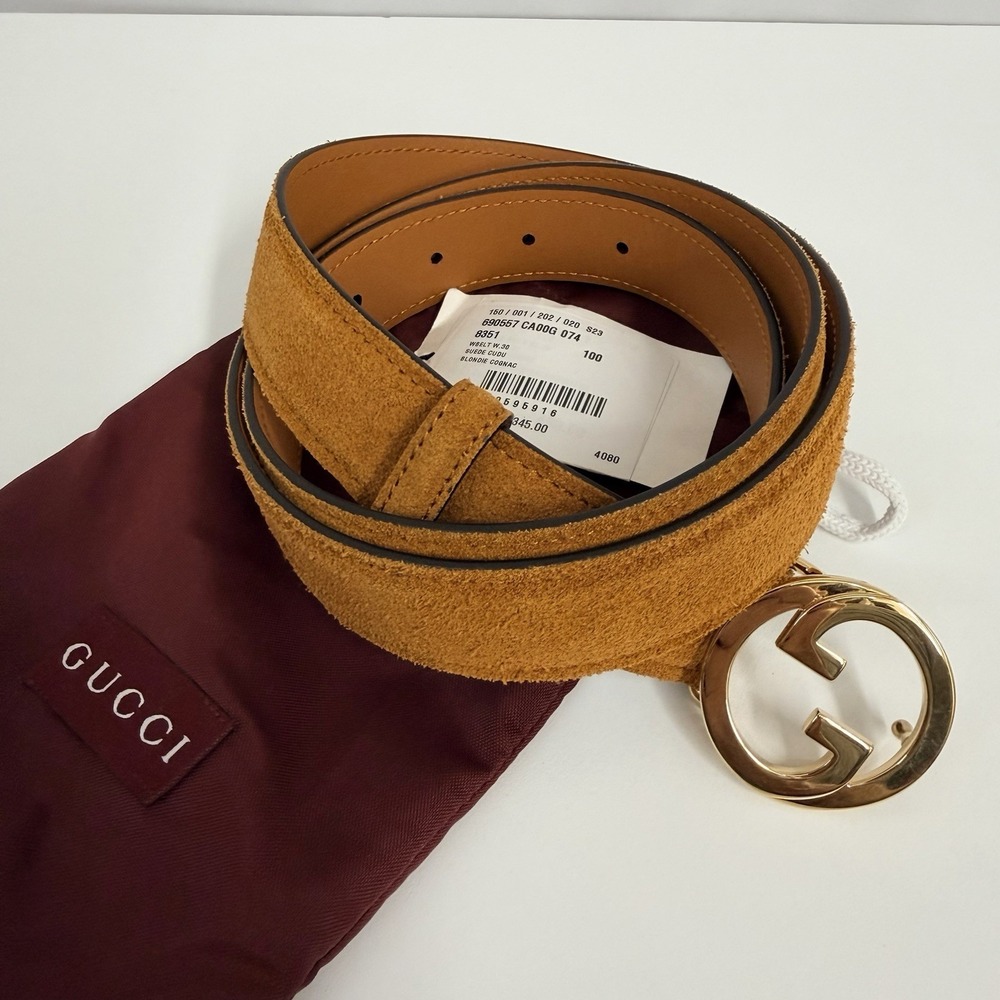 Gucci Suede Blondie Belt Cognac NWT GG Gold Interlocking Buckle Size 100